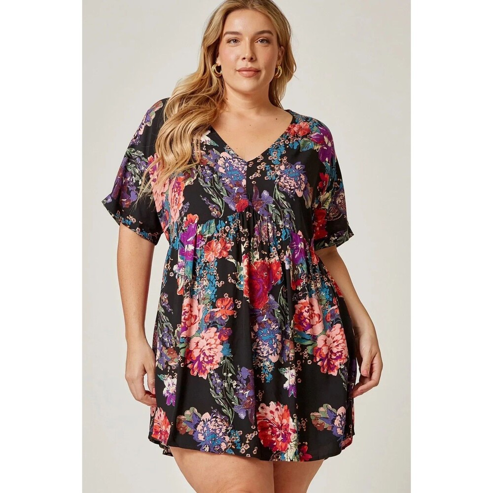 NWT Andree by UNIT Black Floral Romantic Feminine Babydoll Mini Dress SIZE 1X